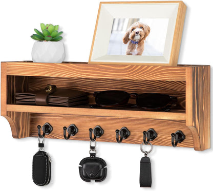 Nekon Key Holder Wall Mount, Pine Wooden Mail Organizer, White | 12.8"W x 5.6"H x 3.7"D Wall Mounted Key and Mail Organizer with 6 Key Hooks, Key Rack for Home Entryway Decor