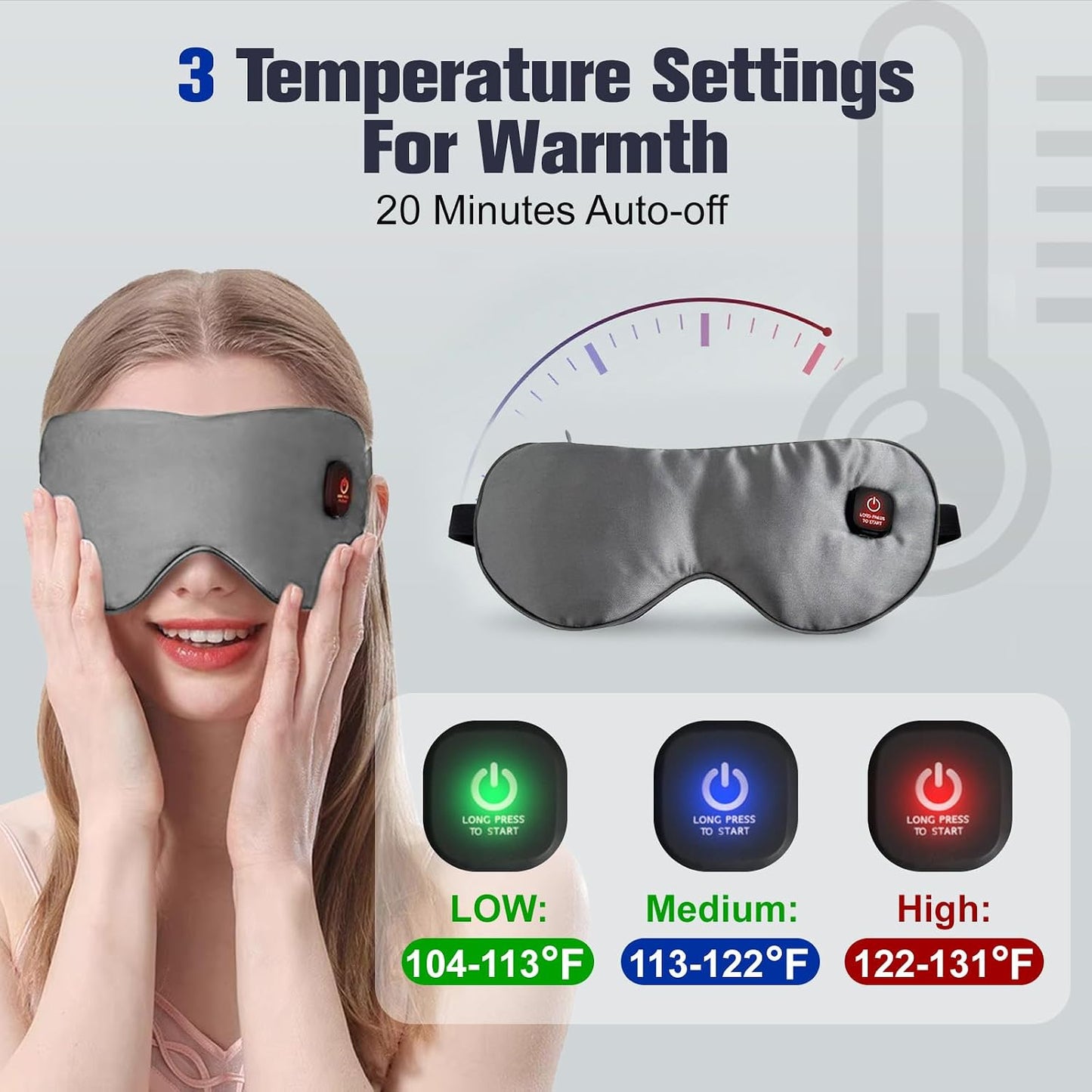 Heated Eye Mask, Rechargeable Detachable Washable Faux Silk Electric Cordless Dry Eyes Warmer Compress Graphene Sleep Mask Travel Gifts for Men Women, 3 Heat Levels & Auto-Off, Black