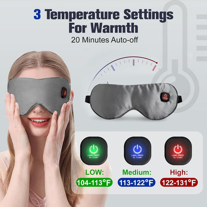Heated Eye Mask, Rechargeable Detachable Washable Faux Silk Electric Cordless Dry Eyes Warmer Compress Graphene Sleep Mask Travel Gifts for Men Women, 3 Heat Levels & Auto-Off, Black