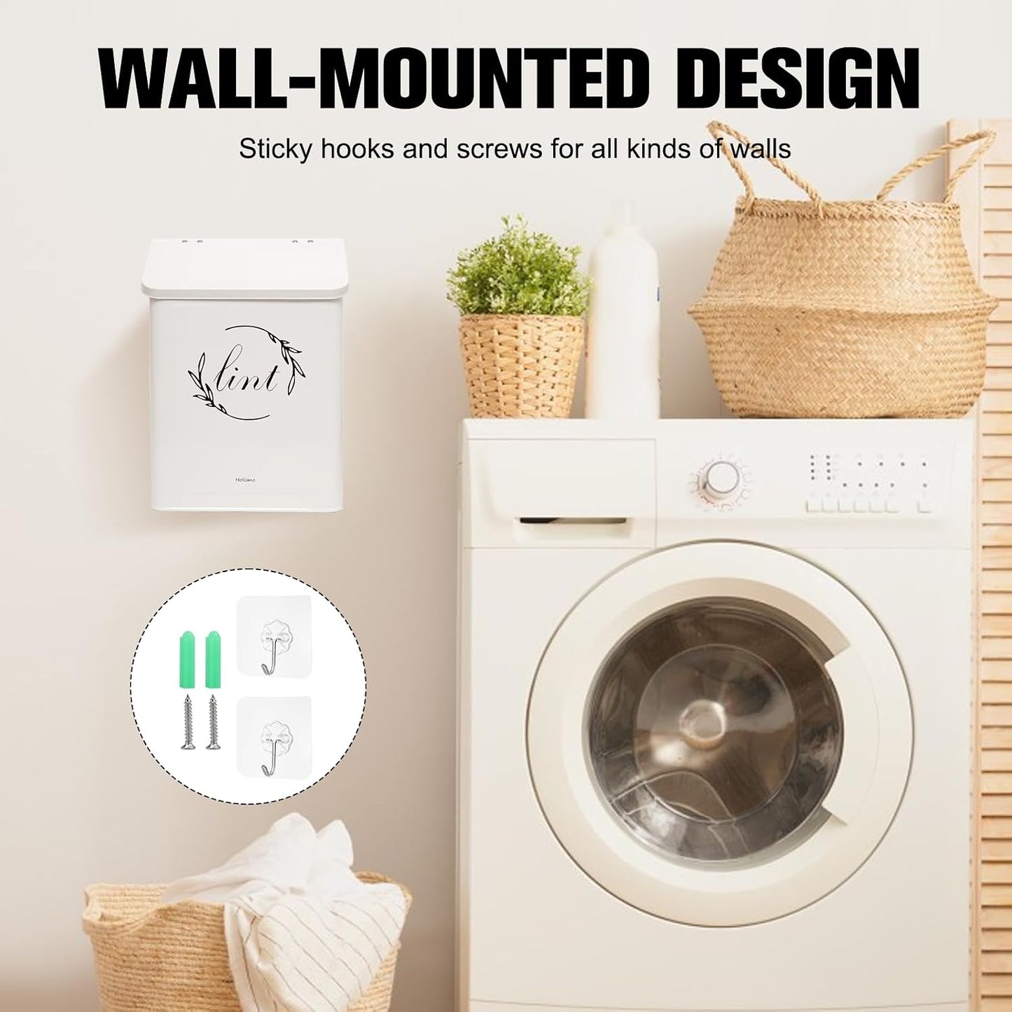 Magnetic Lint Bin for Laundry Room, Metal Lint Trash Can with Lid for Dryer, Wall Mounted Lint Holder Box with Lint Brush, Modern Farmhouse Laundry Room Decor, Cream