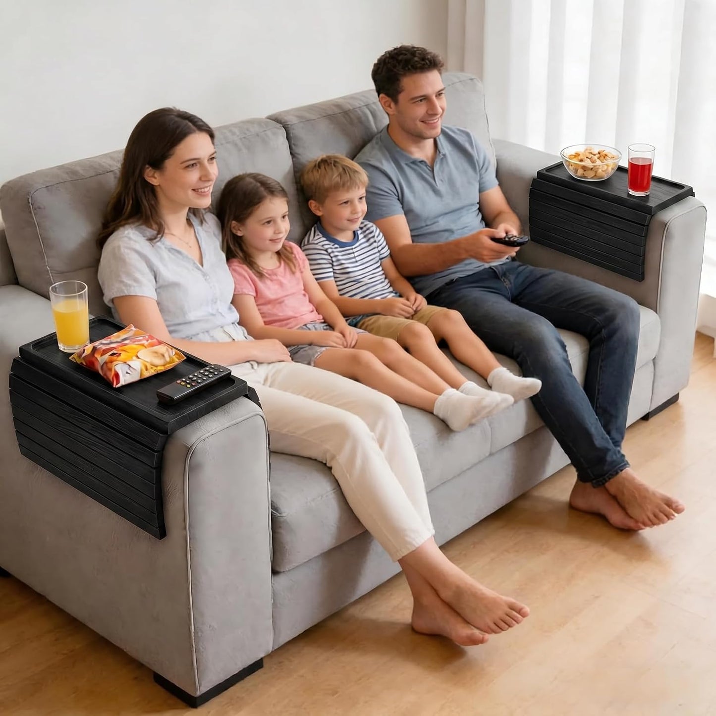 Acacia Wood Couch Armrest Table, Couch Arm Tray, Foldable Anti-Slip Wood Couch Tray, Sofa Cup Holder for Drink Snacks Remote Control