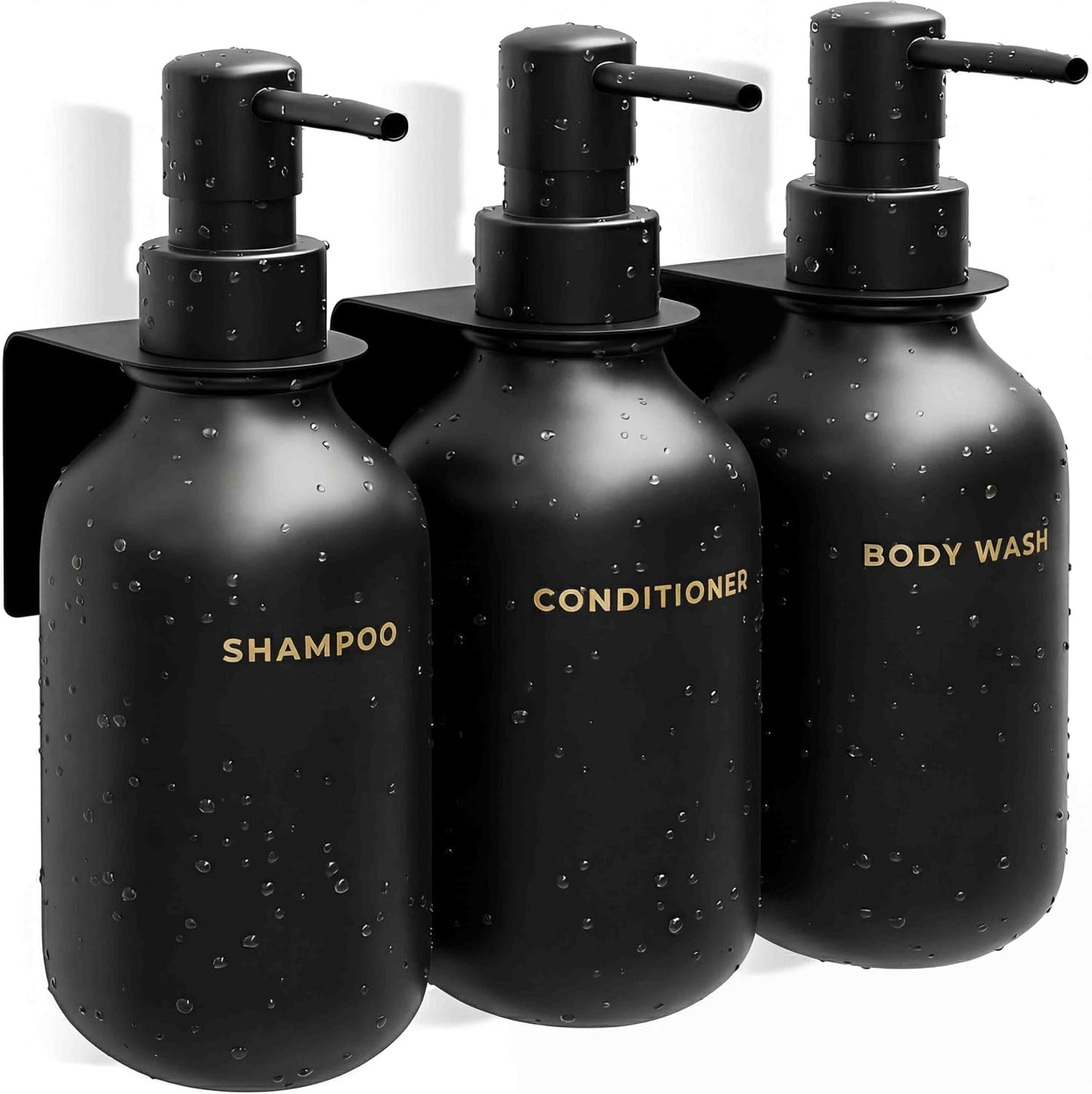 Black Soap Dispenser Set for Bathroom – 3-Packs Refillable Bottle Set, Soft Touch Pump Bottles Wall Mount Hooks Stickers Glue with Vanity Sink Placement Modern Design