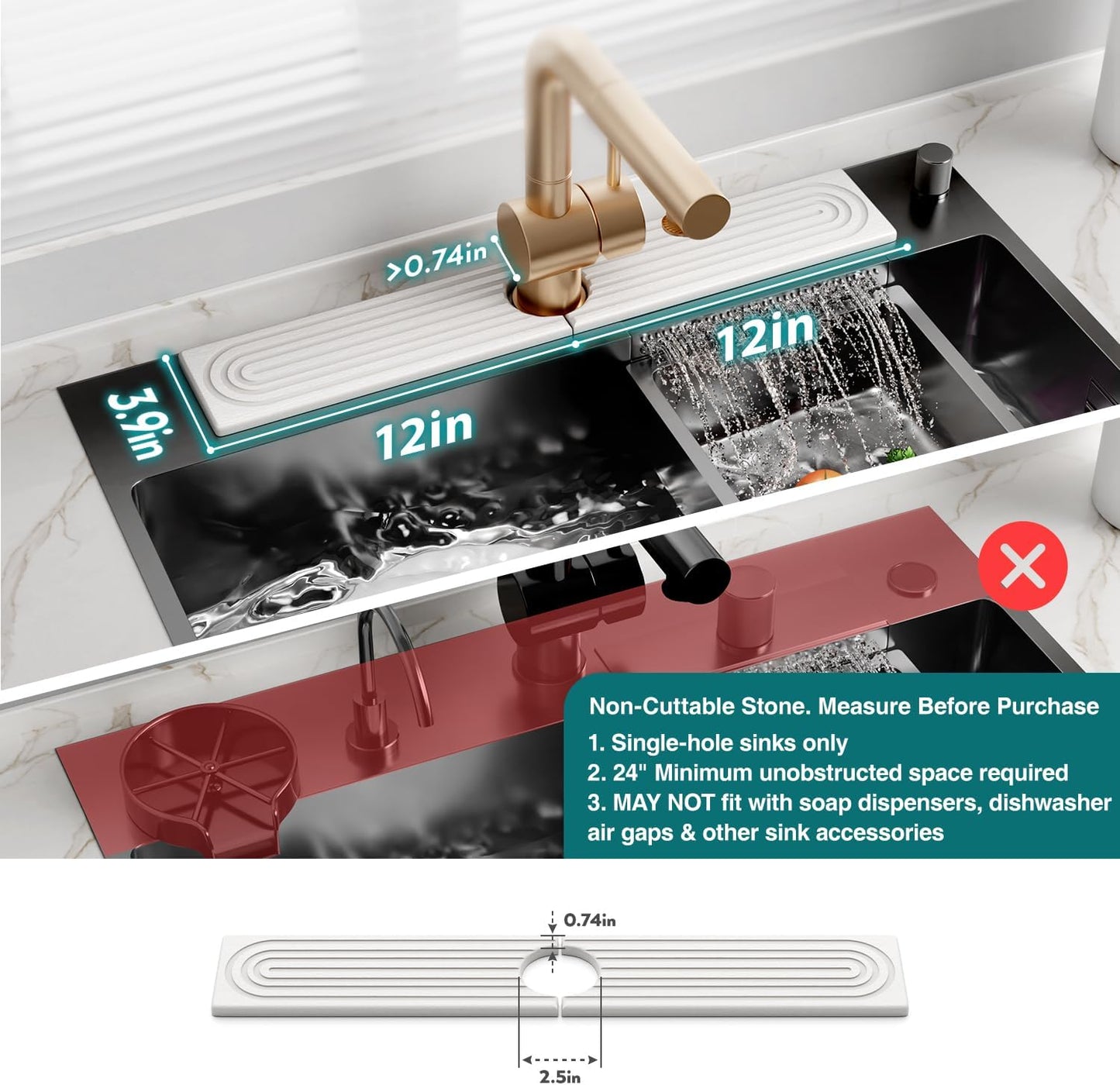 Stone Faucet Mat for Kitchen Sink – Diatomite Drying Stone Mat & Sink Protector, Prevents Moisture – Sink Splash Guard Water-Absorbing Stone Tray for Bathroom Counter (Light Grey, 20" x 3.9")