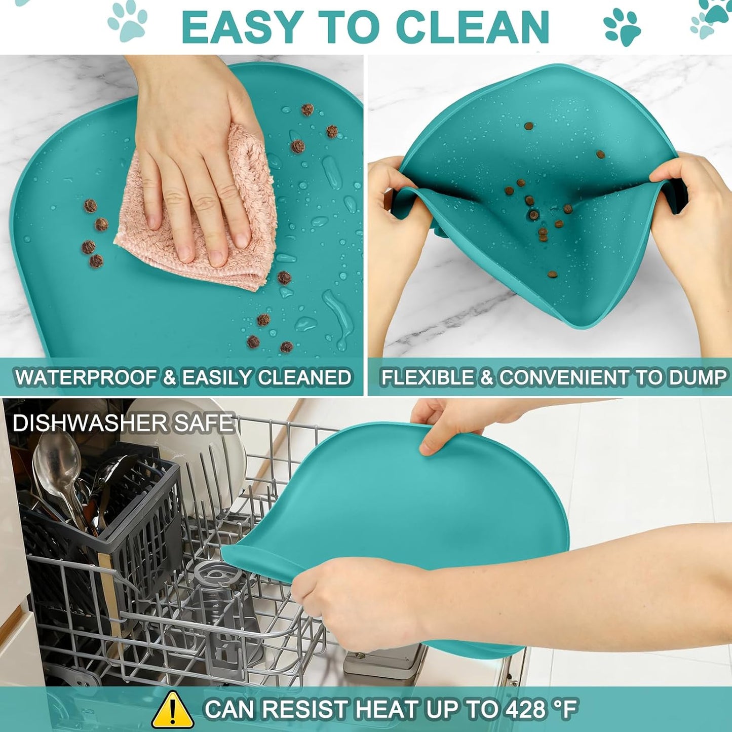 SMILOOL Waterproof Silicone Pet Food Mat with Raised Edge for Dog & Cat | 19" x 12" Non-Slip Pet Feeding Mats with Lip for Food & Water Bowl, Food Grade, Easy Cleaning, Black