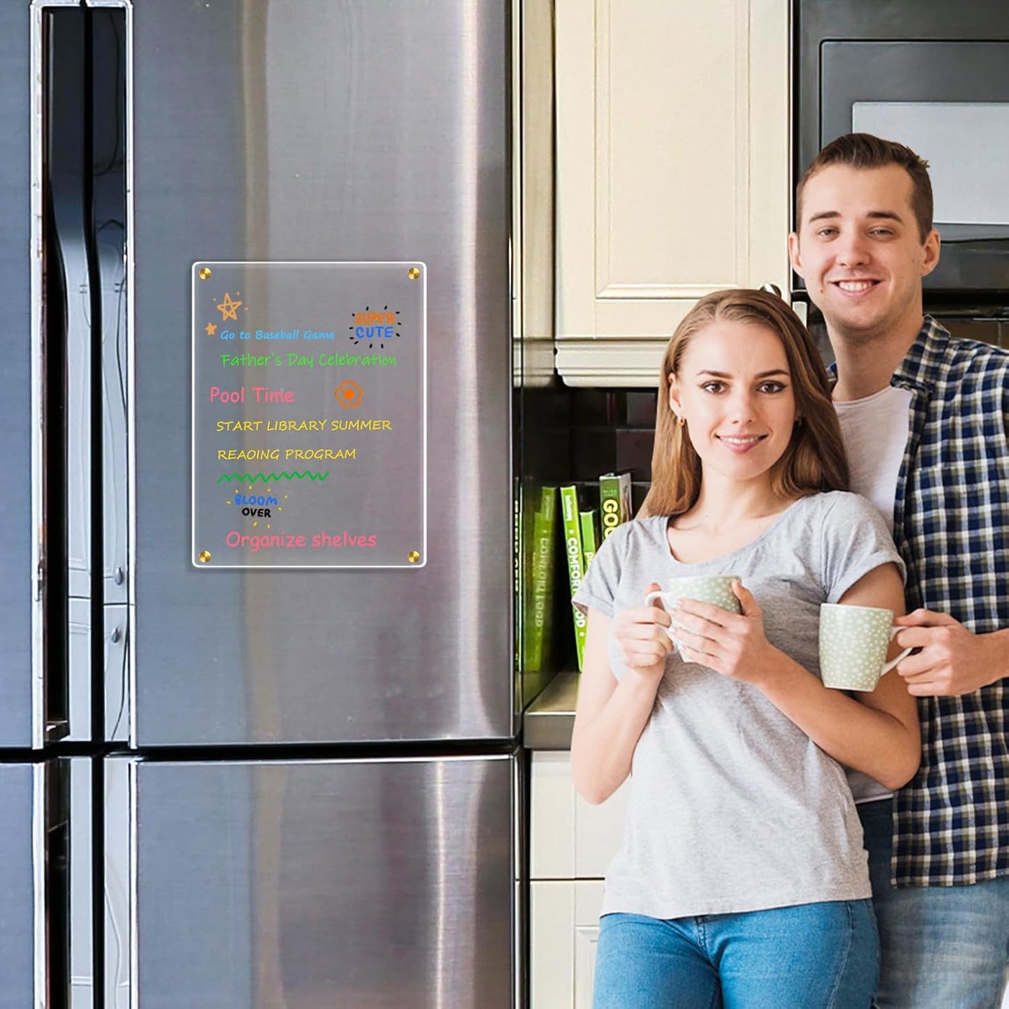 Acrylic Calendar for Fridge, Monthly Clear Acrylic Magnetic Dry Erase Board for Refrigerator, Set of 2 Stronger-Magnetic Reusable Fridge Planner, Includes 6 Liquid Chalk Markers