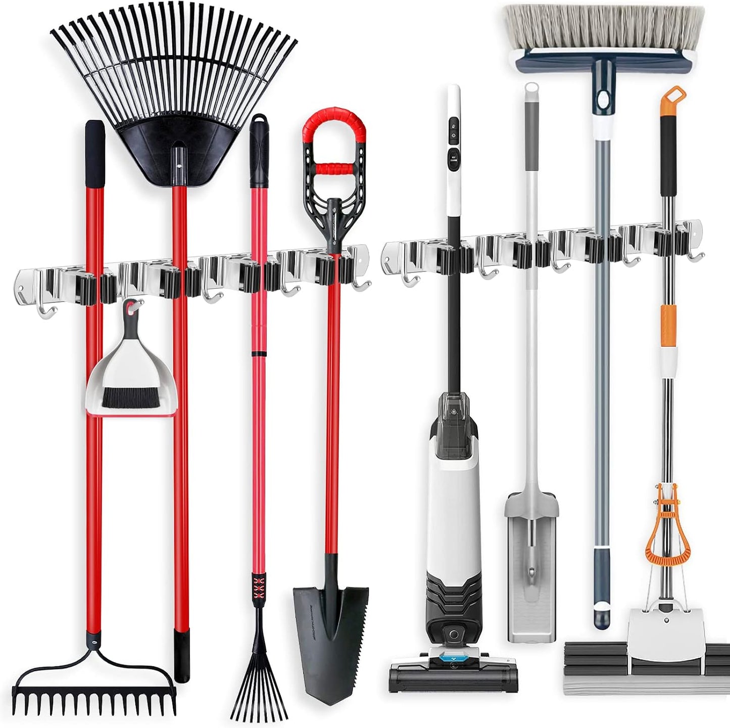 IMILLET 2 Pack Broom Holder Wall Mount Stainless Steel Mop Organizer | 5 Racks 4 Hooks Heavy Duty Garage Organization Storage,Broom and Mop Organizer Wall Hanging Self Adhesive for Laundry Room