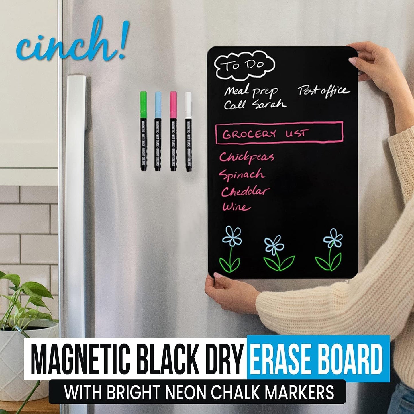 Black Magnetic Dry Erase Board for Fridge with 4 Neon Markers | Magnetic Board for Refrigerator, Magnetic Refrigerator Organizer & Planner for Daily Use