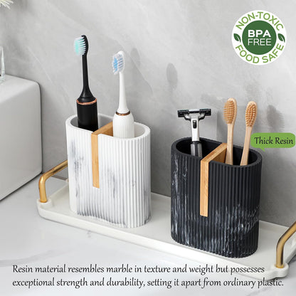 Toothbrush Holders for Bathroom, Bamboo Electric Toothbrush Stand, White | Toothbrush and Toothpaste Organizer for Sink Countertop, Bathroom Storage Stand for Brushing Accessories
