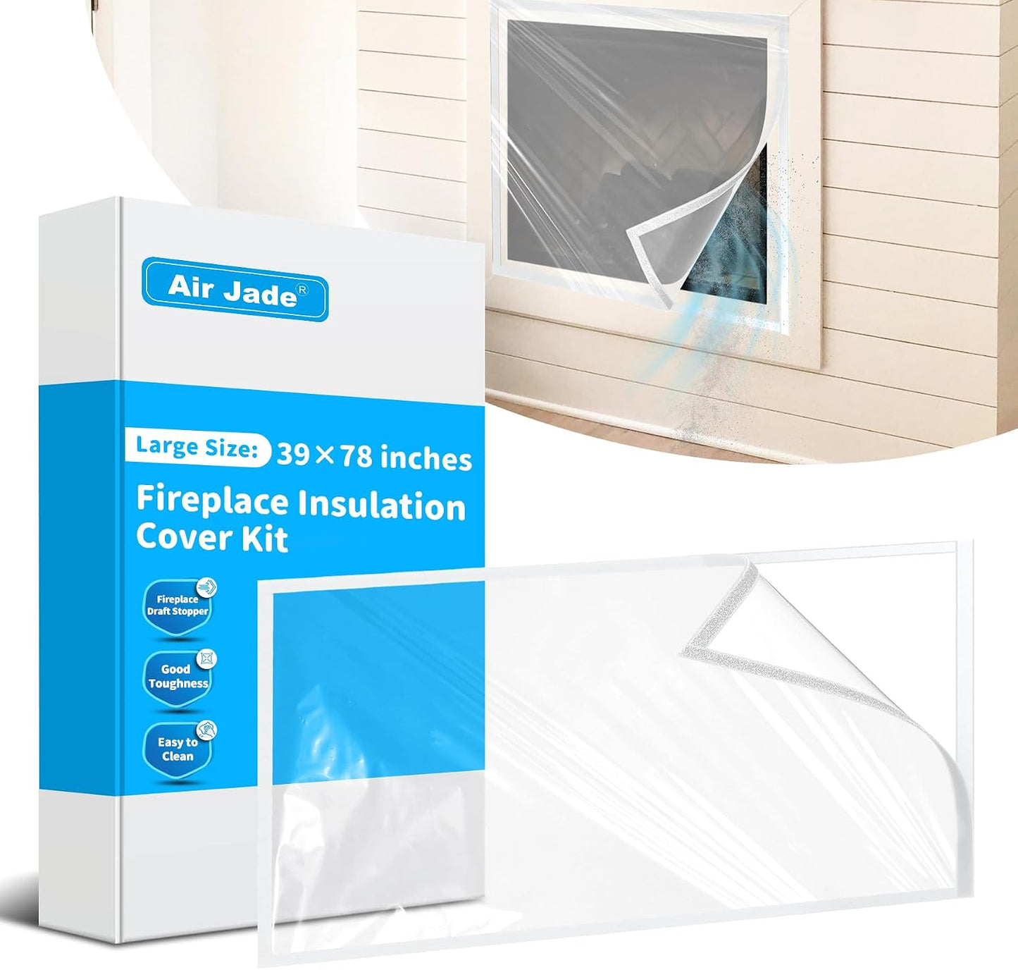 Air Jade Fireplace Cover, Insulation Fireplace Draft Stopper Fits up to 39"×78", Clear, Tear Resistant Plastic Fire place Draft Cover, Keeps Drafts Out & Stops Heat Loss