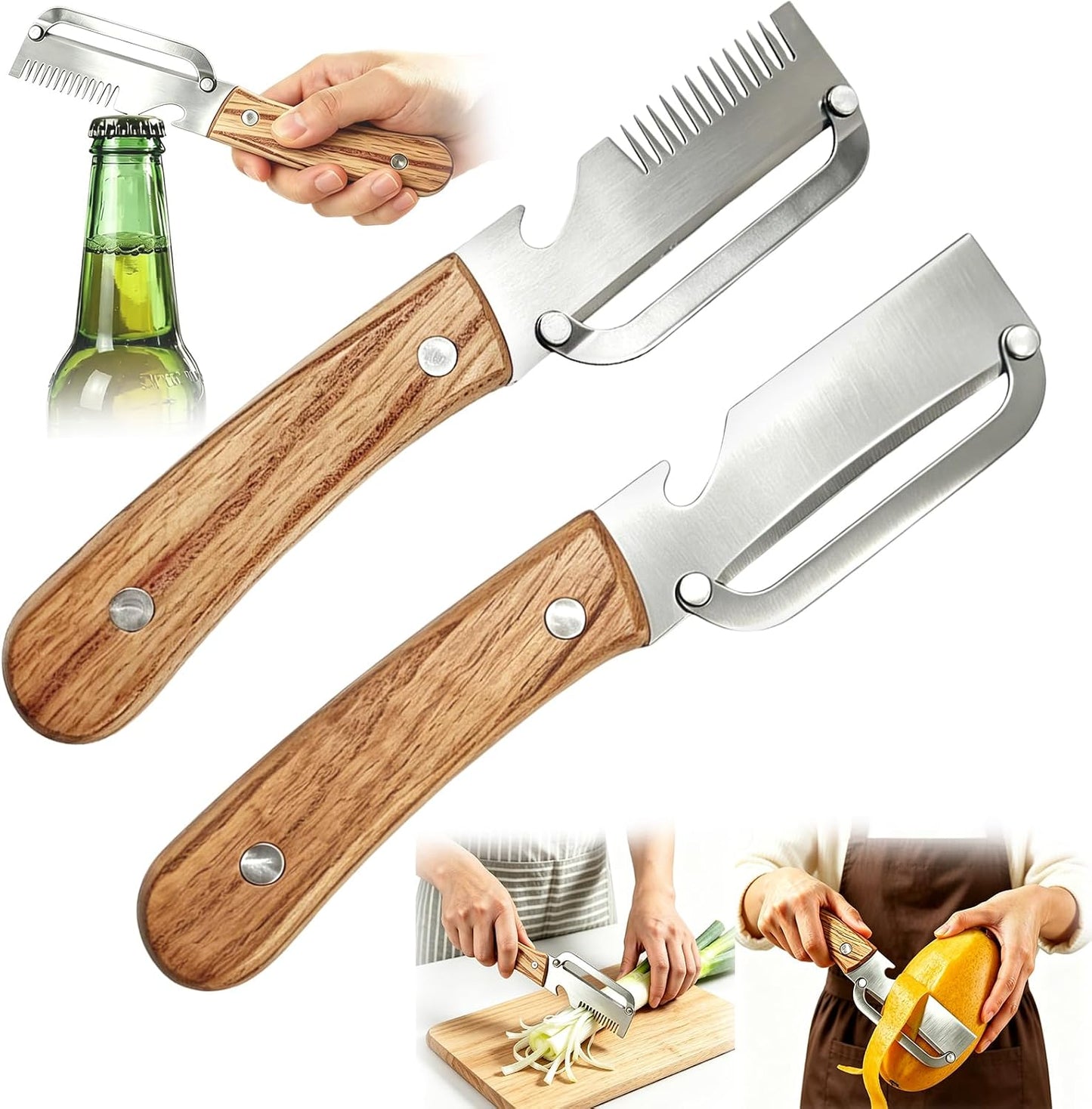 2 Pcs Multi-Functional Vegetable Peeler, Stainless Steel Blade with Wooden Handle, 3-in-1 Fruit Peeler with Bottle Opener and Grater, Kitchen Tool for Apple Potato Pumpkin Fruit Veggie