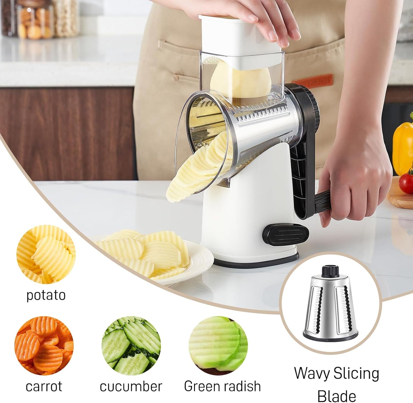 Weltonhm 4 in 1 Large Rotary Cheese Grater Hand Crank (black, 3 Graters) | Cheese Shredder Rotary and Slicer with 4 Stainless Steel Blades for Vegetables, Veggie and Cheese, Stronger Suction Base