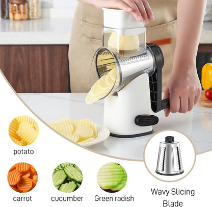 Weltonhm 4 in 1 Large Rotary Cheese Grater Hand Crank (black, 3 Graters) | Cheese Shredder Rotary and Slicer with 4 Stainless Steel Blades for Vegetables, Veggie and Cheese, Stronger Suction Base