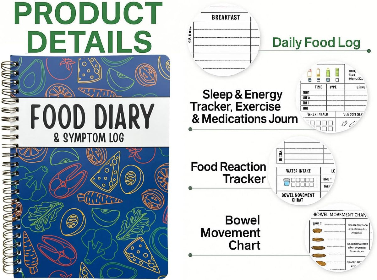 Food Diary & Symptom Log Book – Daily Food Journal & Gut Health Tracker for IBS, Low FODMAP, Allergies & Intolerance – 2-Page Layout for Meals, Sleep, Mood, Bowel Movements, Fiber, Sugar & Blood Pressure – Keto, Paleo, Whole30, A5 Spiral Planner