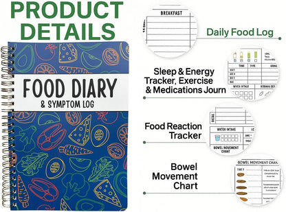 Food Diary & Symptom Log Book – Daily Food Journal & Gut Health Tracker for IBS, Low FODMAP, Allergies & Intolerance – 2-Page Layout for Meals, Sleep, Mood, Bowel Movements, Fiber, Sugar & Blood Pressure – Keto, Paleo, Whole30, A5 Spiral Planner