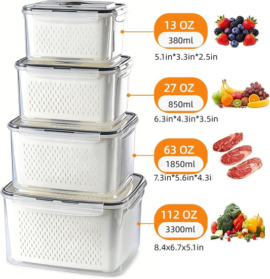SnowSky 4PCS 2-in-1 Fruit & Veggie Fresh Box with Detachable Colander & Divider – Airtight Leak-Proof Fridge Storage Container with Lid for Berry, Meal Prep, Kitchen