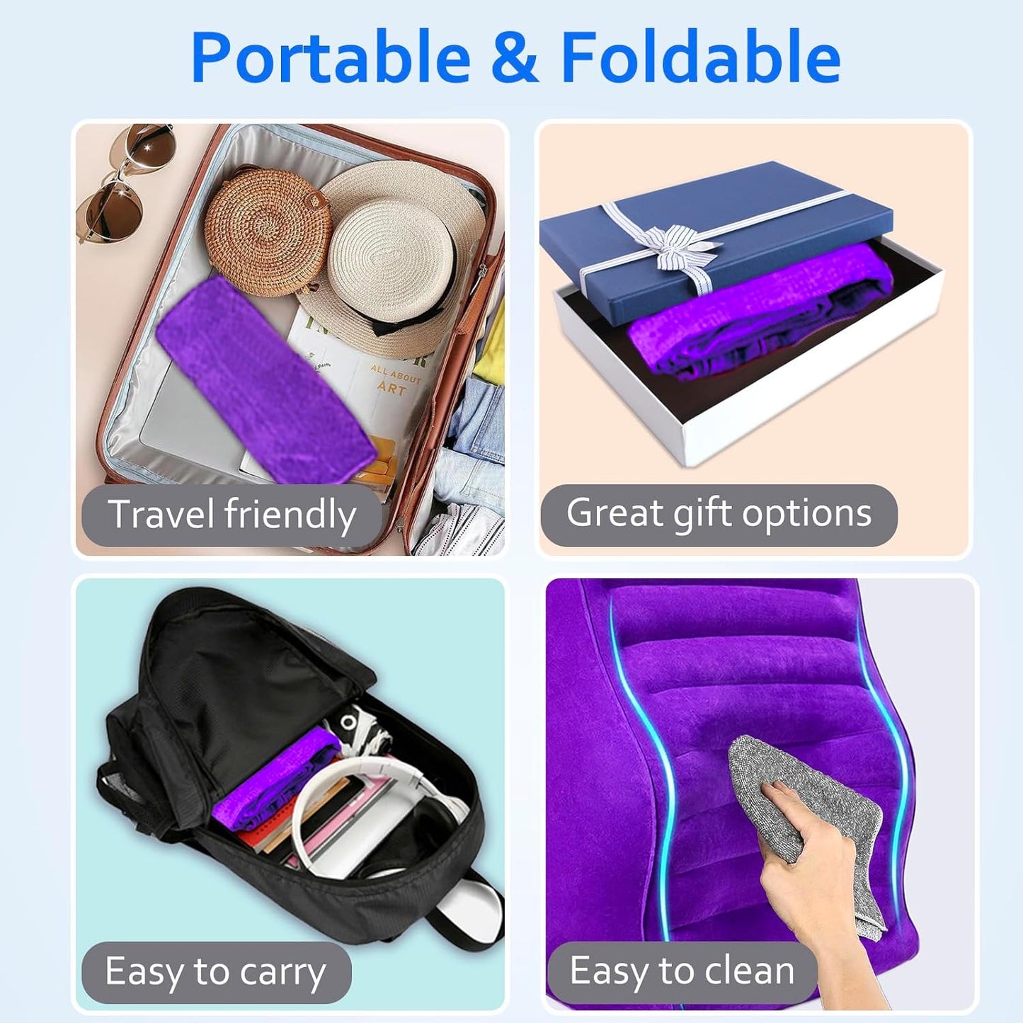 Inflatable Lumbar Pillow for Airplane Travel, S-Curve Lumbar Support Pillow | Ergonomic Back Support Cushion for Office Chair, Car, Couch, Driving Seat, Long Flight, Portable, Lightweight, Purple