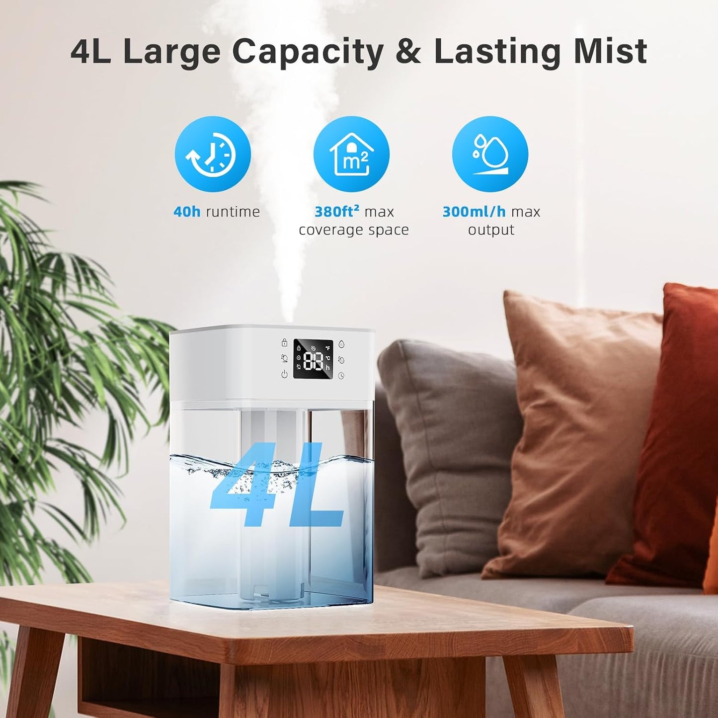 JRD 4L Humidifiers for Bedroom, Cool Mist Humidifier for Large Room, 40H Runtime, 360° Nozzle, Night Light for Home, Office, Baby Nursery, Plants（Black）