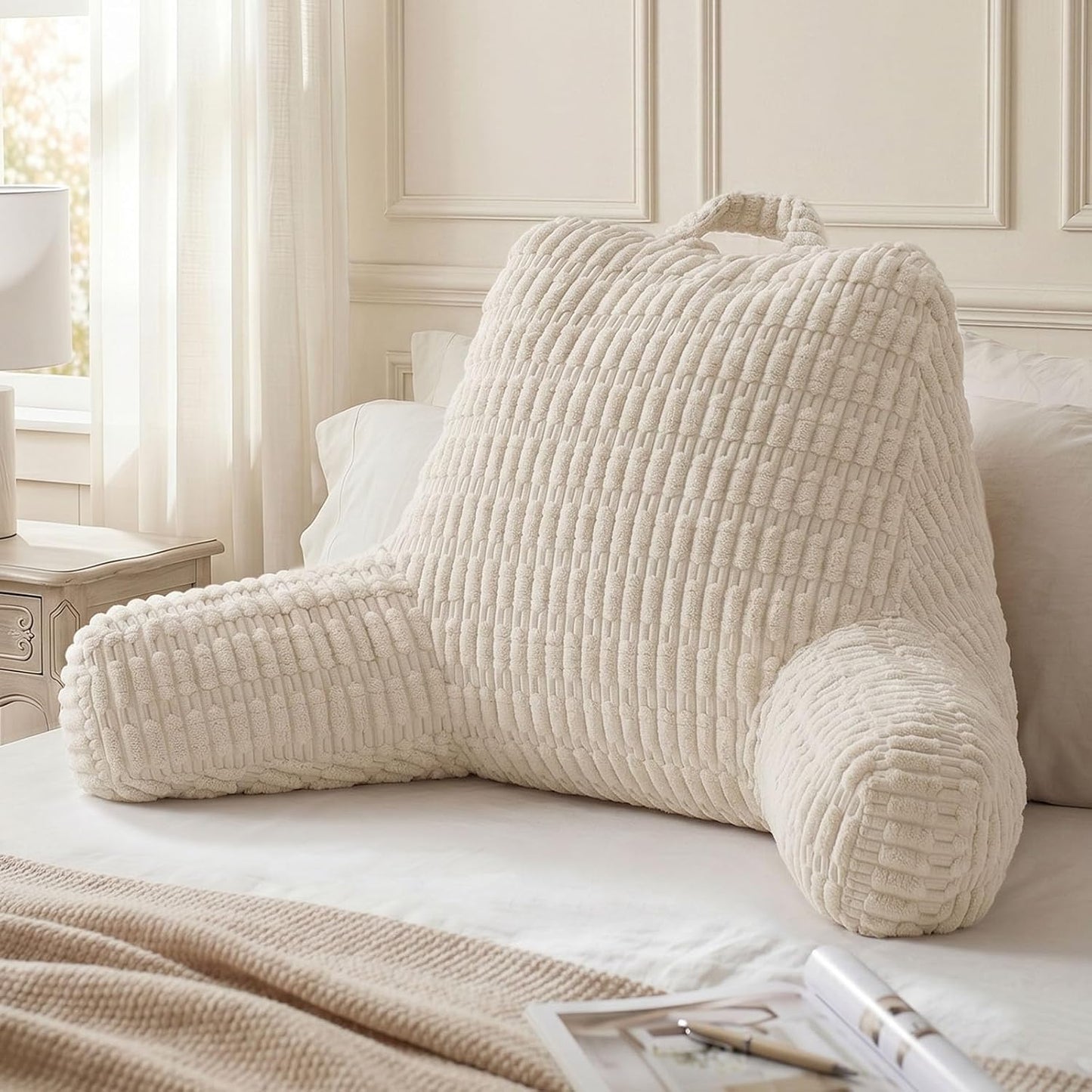 Blissful Diary Reading Pillow, Backrest Pillow with Shredded Memory Foam for Adult & Children, Designed for Bed and Couch Sitting Up, Includes Arms, Pockets and Washable Cover, Off White
