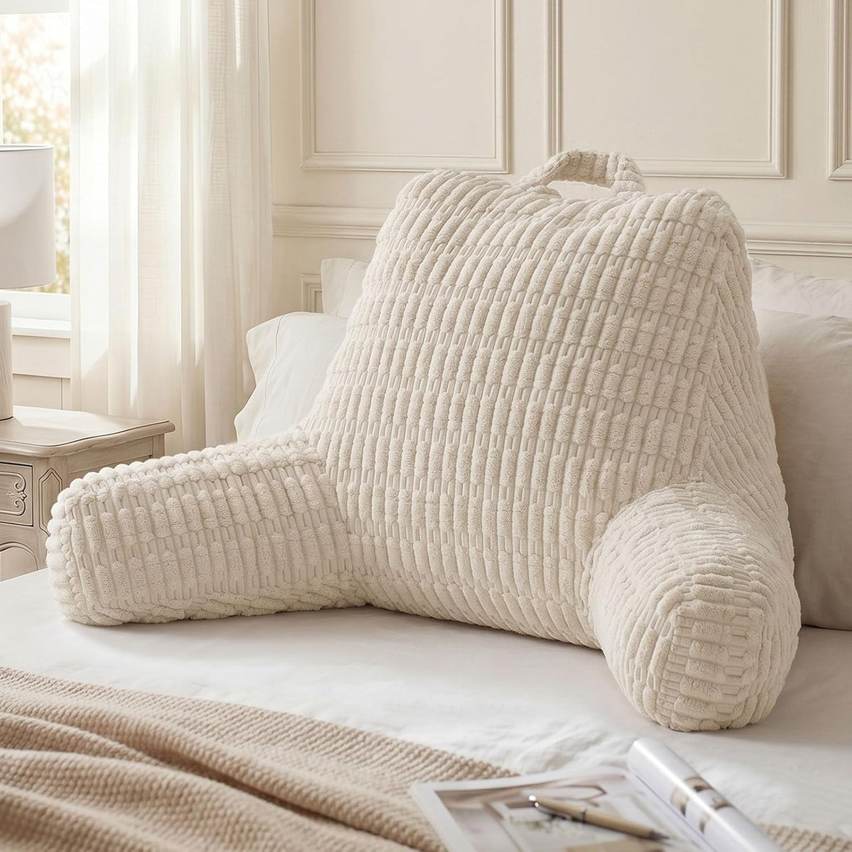 Blissful Diary Reading Pillow, Backrest Pillow with Shredded Memory Foam for Adult & Children, Designed for Bed and Couch Sitting Up, Includes Arms, Pockets and Washable Cover, Off White