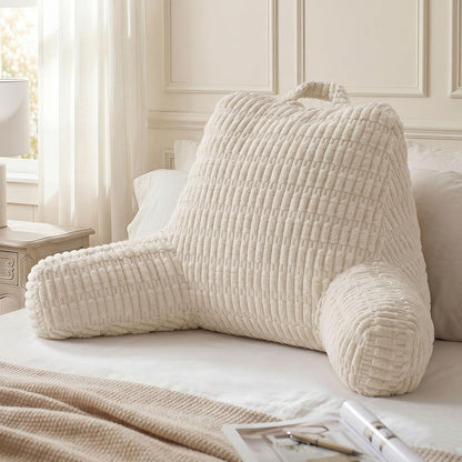 Blissful Diary Reading Pillow, Backrest Pillow with Shredded Memory Foam for Adult & Children, Designed for Bed and Couch Sitting Up, Includes Arms, Pockets and Washable Cover, Off White