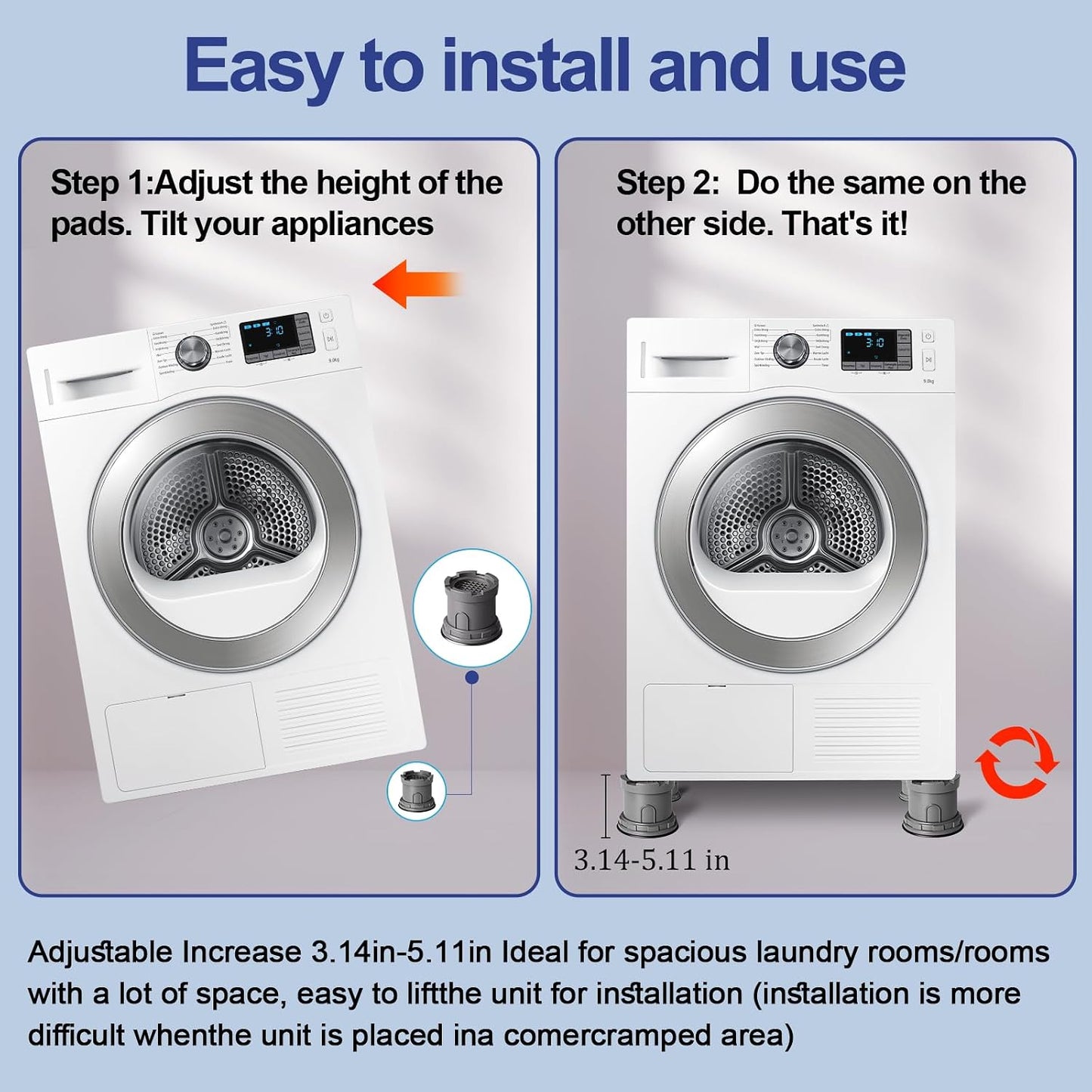 4Pcs Anti Vibration Pads for Washing Machine, Reduce Washer Dryer Moving | Washer and Dryer Pedestals,Prevents Noise Vibration Transfer, Antivibration Stabilizer Support Feet (Increase1.8in)