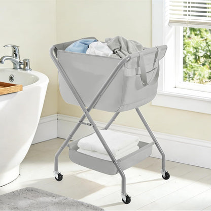 STORAGE MANIAC Collapsible Laundry Cart with Wheels 35.6"H Removable Canvas Bag Rolling Laundry Hamper Clothes Basket with Wheels, Sturdy Steel Frame Folding for Small Narrow Space Easy Storage, Beige