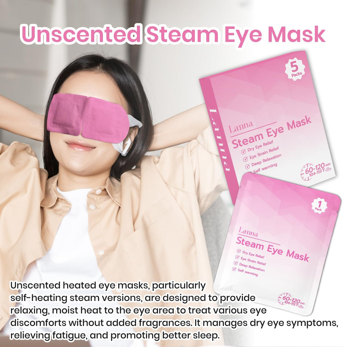 LANNA Heated Steam Eye Mask, Disposable 120 Minutes, Lavender Scent, 5 Pcs