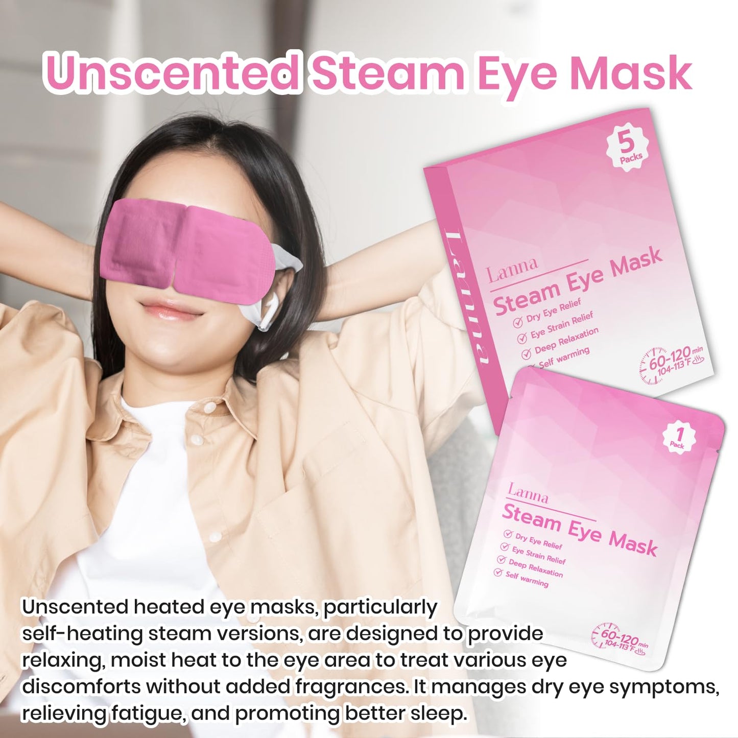 LANNA Heated Steam Eye Mask, Disposable 120 Minutes, Lavender Scent, 5 Pcs | Great for Sleep & Spa Relaxation, Self Heating Warm Compress for Dry & Puffy Eyes Long Lasting Heated Eye Mask for Stye Eyes