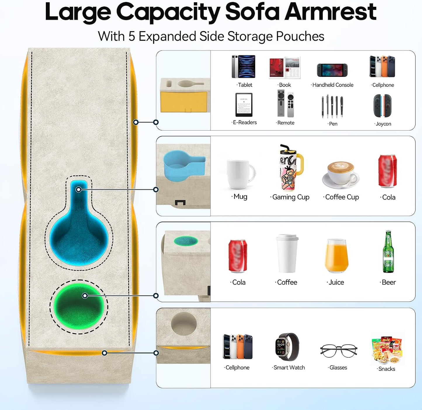 Removable Sofa Armrest Couch Caddy with Cup Holder Insert Between Cushions | Sofa Accessories Storage, Couch Armrest Pillow Table with Drink Holder
