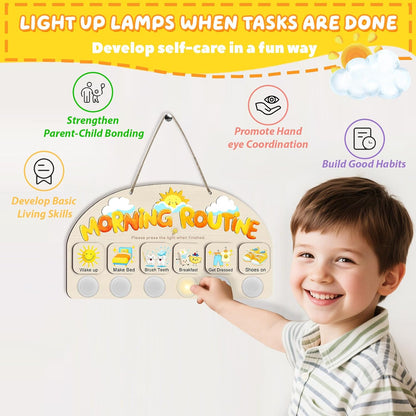 Morning Routine Chart for Toddlers, Visual Schedule Chart Planner | to Do List with 6 Tap Lights & 10 Activity Cards, Wooden Checklist Schedule Board for Kids, Autism, Preschoolers, ADHD Tools