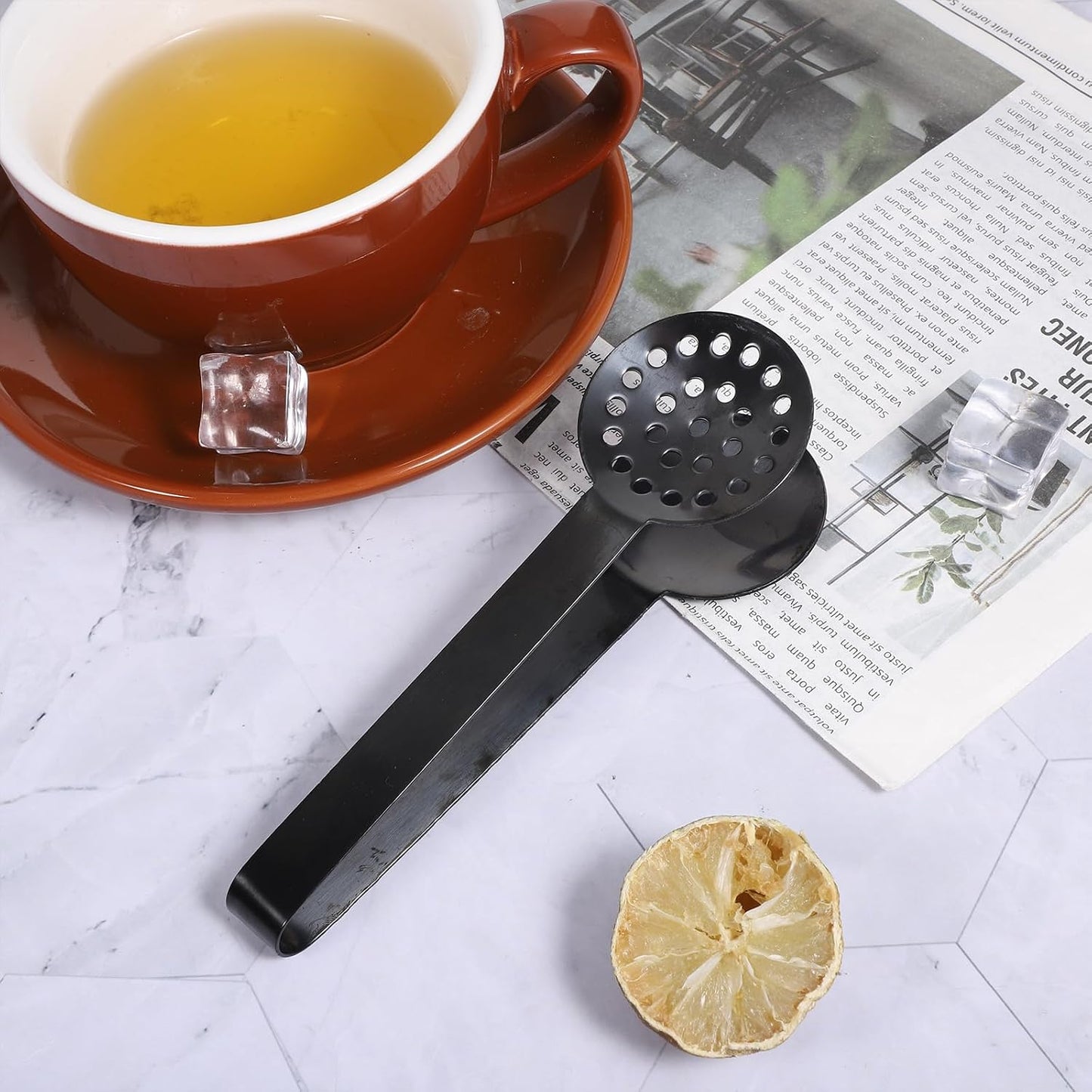 Tea Bag Squeezer Tongs, Stainless Steel Tea Bag Squeezer Tongs | Teabag Filter, Dispenser Accessories for Teas Drinkers, Ice, Durable Round Strainer Gripper Picker (Black)