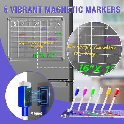 Acrylic Meal Planner Magnetic Menu Board for Kitchen Fridge, 13"x9" Clear Weekly Calendar Planning Board Noteboard Refrigerator Dry Erase Board to Do/Grocery/Shopping Lis Includes 6 Markers