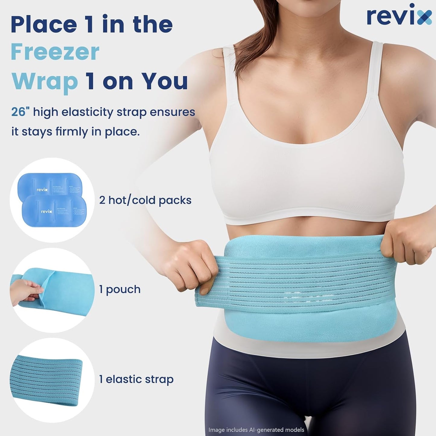 REVIX Ice Packs for Injuries Reusable, 2 Packs Hot and Cold Pack with Adjustable Strap, Flexible Ice Wraps for Joints and Muscle, Rotator Cuff, Back, Knee Discomfort Relief (10" x 5" Blue)