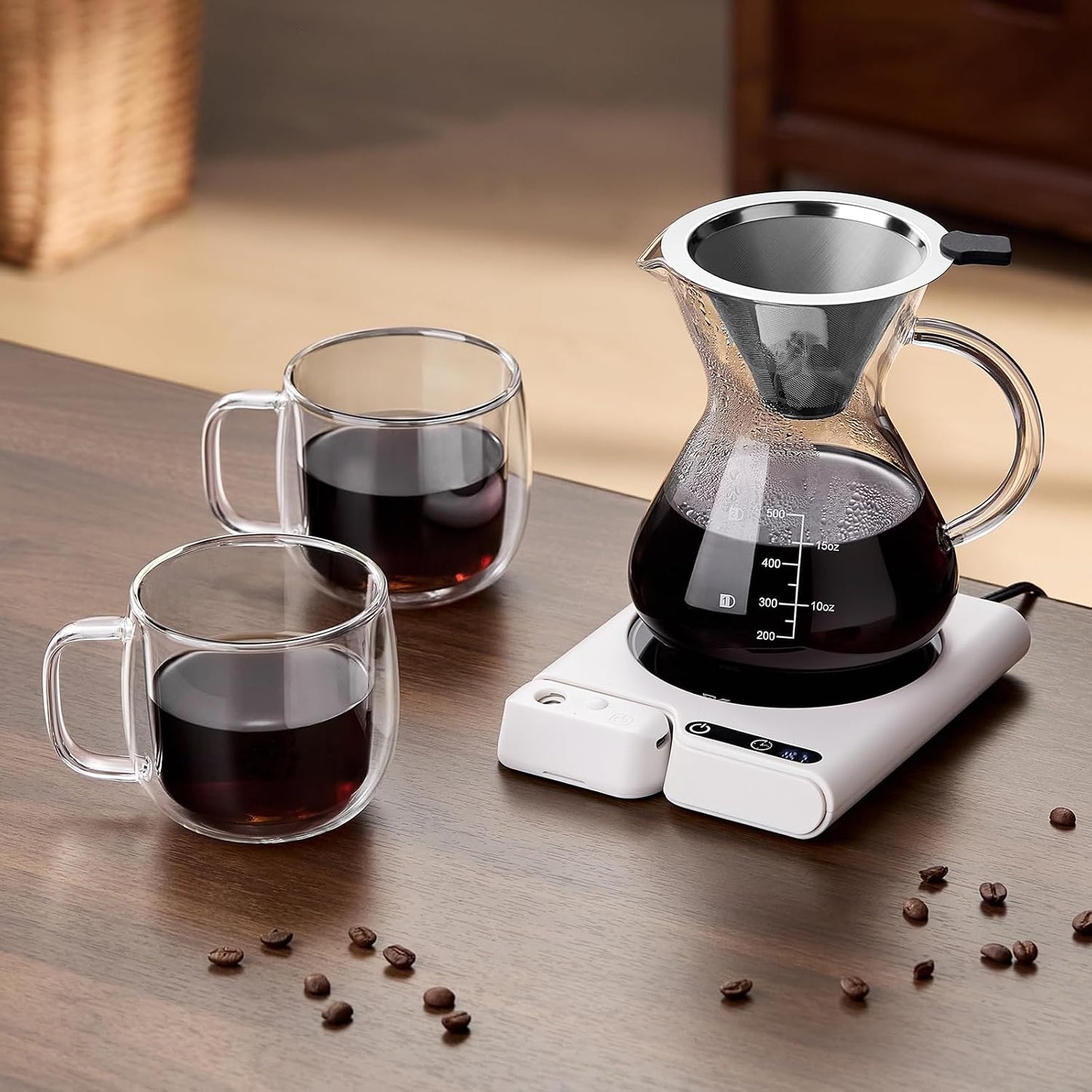 Mug Warmer with 4-Hour Auto Shut Off, 3 Temperature Settings, Frosted Black Rectangular Electric Beverage Heater, Borosilicate Glass Panel, 54-Inch Cord, Coffee Warmer for Desk, Tea Warmer
