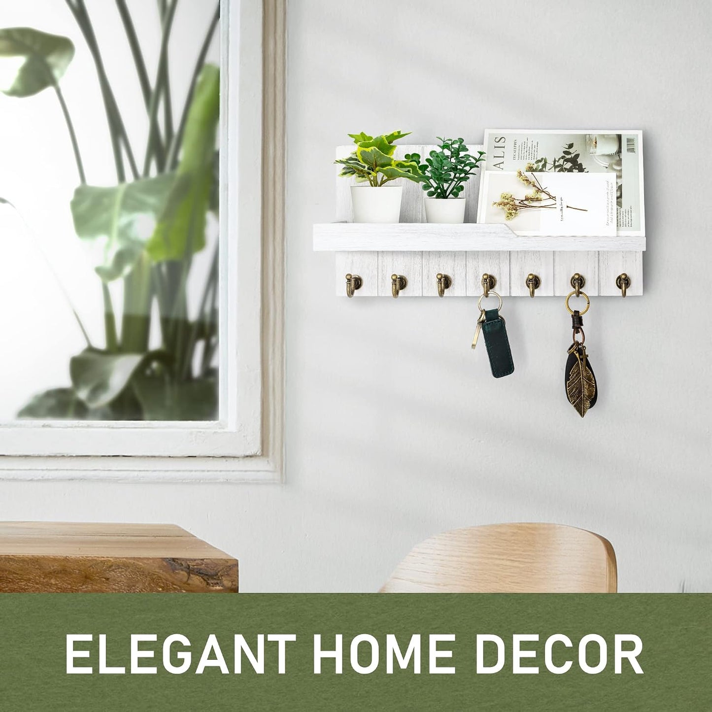 Rebee Vision Key Holder Wall Mount with 5 Key Hooks for Home Decor, Brown | 3.54'' x 10'' x 7.28'', Small Shelf for Display Plant, Key Hangers for Hat, Entryway Space-Saving Storage