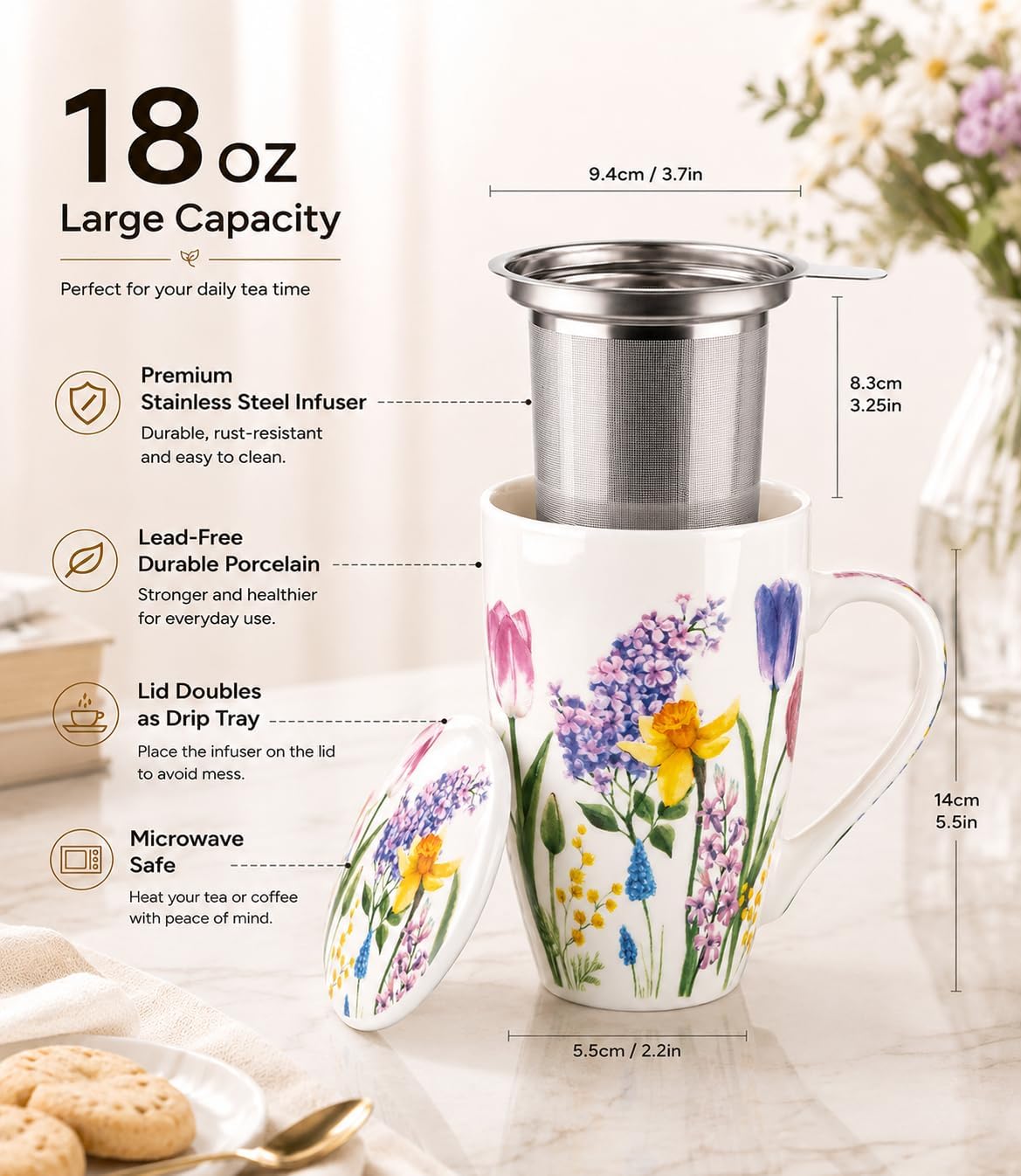 GBhome Tea Mug with Infuser and Lid,18 oz Loose Leaf Tea Cup with Steeper