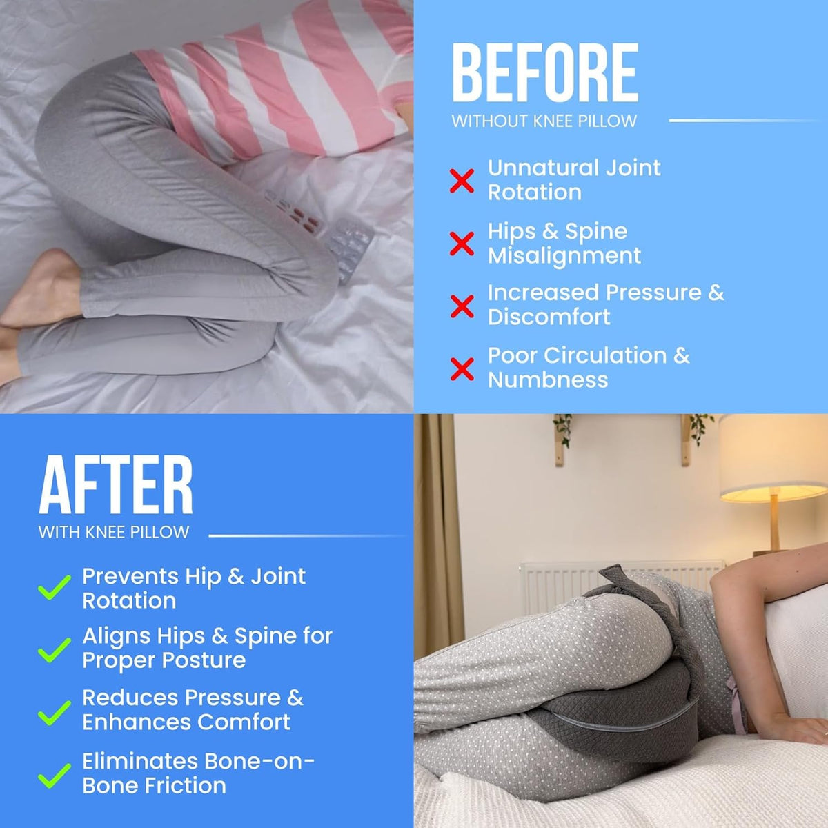 Memory Foam Knee Pillow for Side Sleepers Hip Pain with Adjustable Strap - Between Leg Pillow for Side Sleeping - Sciatica Pain Relief Support for Back, Knees, Joints, and Spine Alignment Cushion