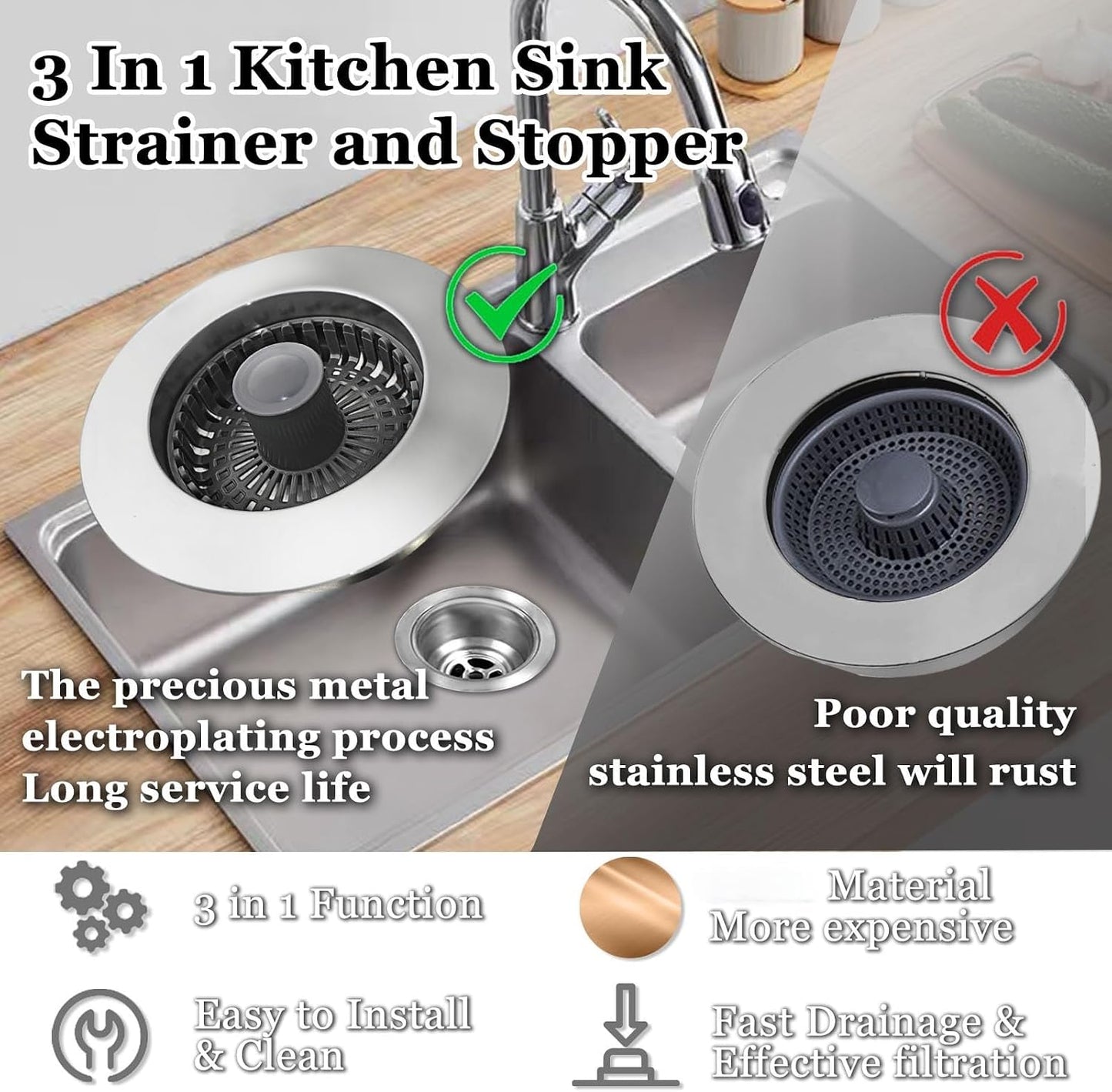 BAOLSLS 3 in 1 Kitchen Sink Stopper, Pop Up Kitchen Sink Drain Strainer | with An Extra Basket Strainer, Kitchen Sink Drain Stopper for US Standard 3-1/2 Inch, Chrome Silver