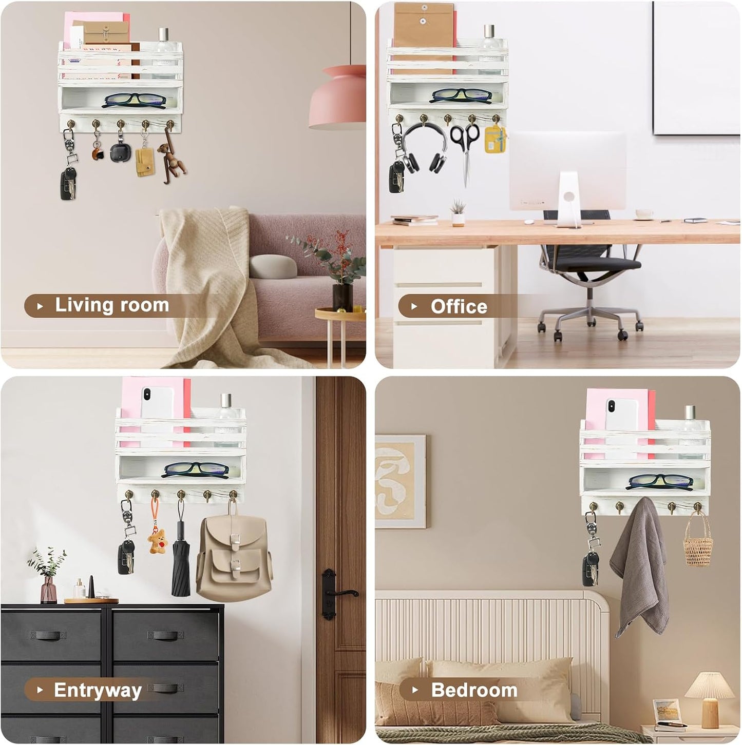 Key Holder Wall Mount with Mail Organizer, 5 Key Hooks, Brown | Wood Mail Organizer Wall Mounted with 5 Key Hooks & Storage Box and Mail Organizer for Entryway, Apartment, Home and Office