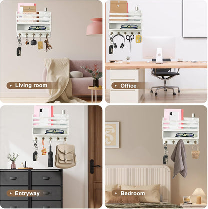 Key Holder Wall Mount with Mail Organizer, 5 Key Hooks, Brown | Wood Mail Organizer Wall Mounted with 5 Key Hooks & Storage Box and Mail Organizer for Entryway, Apartment, Home and Office