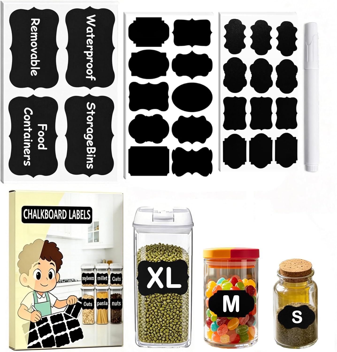 200PCS Chalkboard Labels, 13 Shapes & 3 Sizes, Reusable Blackboard Stickers | Includes 1 Liquid Chalk Marker, for Pantry Jars, Food Containers, Spice Racks & Organization