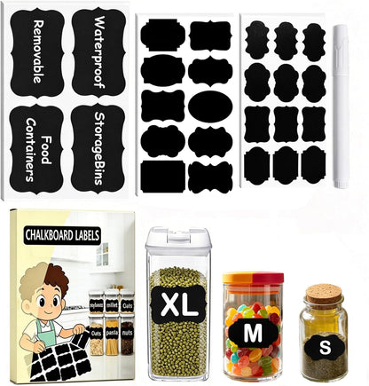 200PCS Chalkboard Labels, 13 Shapes & 3 Sizes, Reusable Blackboard Stickers | Includes 1 Liquid Chalk Marker, for Pantry Jars, Food Containers, Spice Racks & Organization