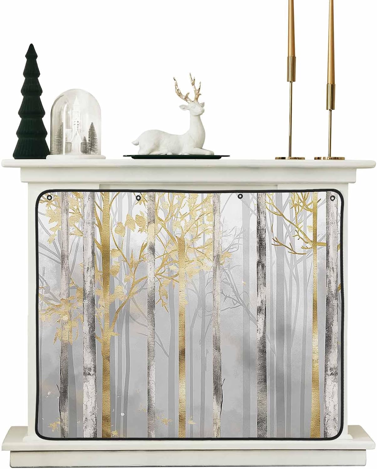 Abstract Forest Magnetic Fireplace Cover Decorative Indoor For Brick Fireplace, Insulation Fireplace Blocker Blanket Draft Stop Hot Heat Save Energy, Modern Landscape Painting Grey Gold 45"Wx34"H