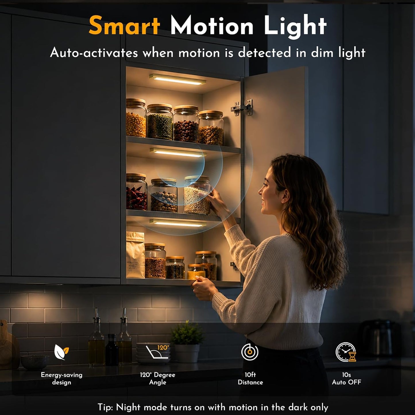 V4light Motion Sensor Cabinet Light, Rechargeable, Dimmable, 2Pcs, 9in | Gold aluminum, magnetic wireless, 1800mAh, 3 color temps & dimmable, ideal for kitchen cabinets, shelves & closets