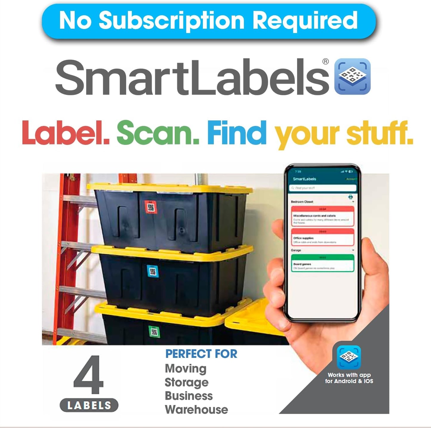 QR Code Stickers with AI Photo Analysis App - Auto-Creates Item Descriptions - No Typing - Made in USA - QR Code Labels for Storage & Inventory Tracking, Organization & Moving, Pack of 48