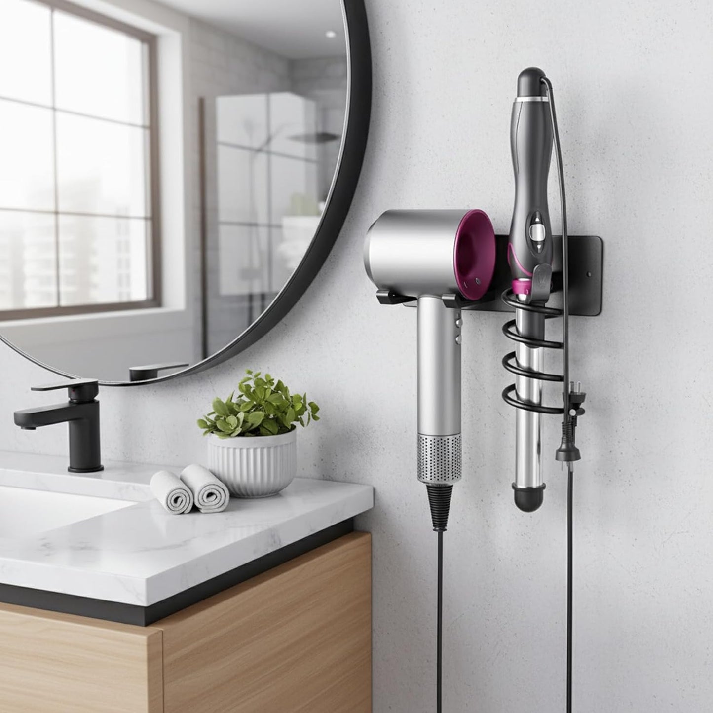 Universal Hair Dryer Holder, Self Adhesive Wall Mount, White | Universal storage rack fits most brand blow dryers, ideal for bathroom organization