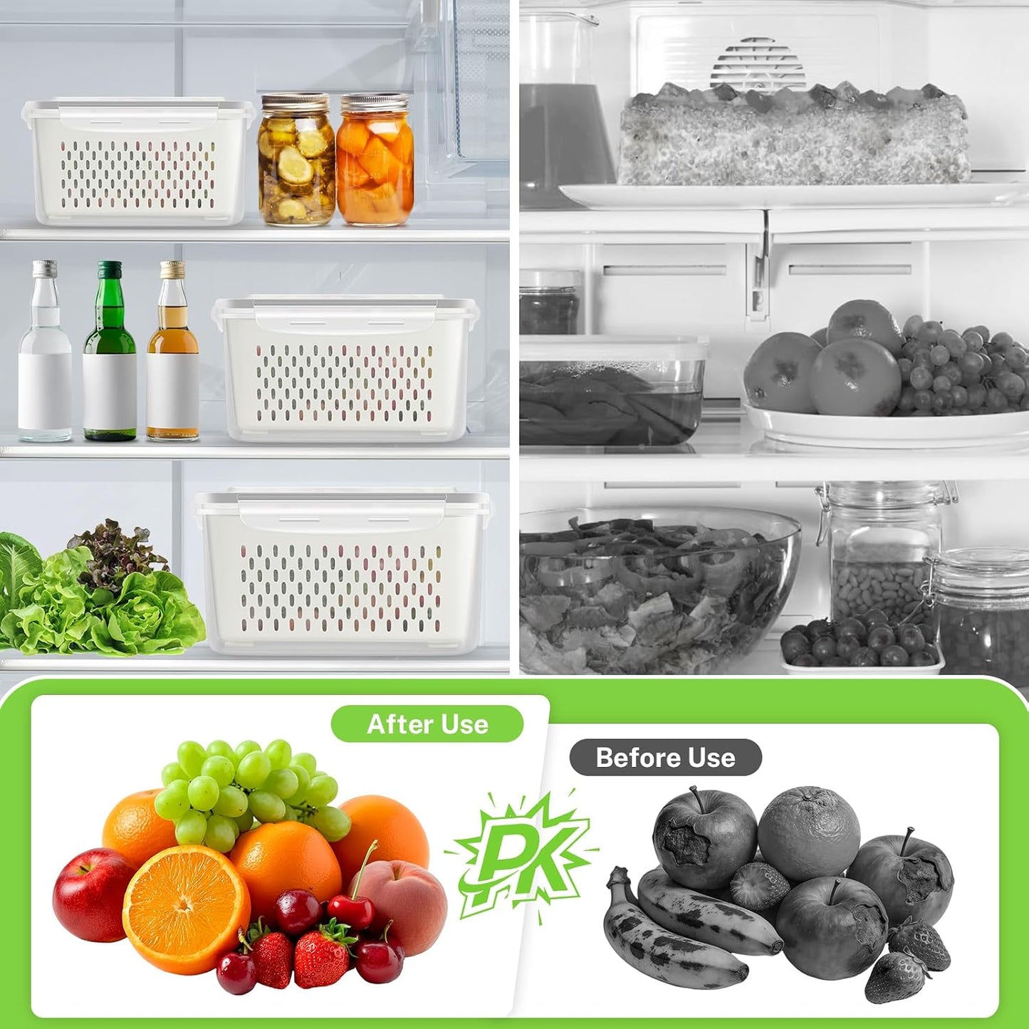 8 Pieces Fruit Storage Containers for Fridge with Lids and Strainer | 4Pack Fruit Containers for Fridge, Fresh Produce Saver Keeper for Vegetable Fruit Salad, BPA Free Organizer for Refrigerator
