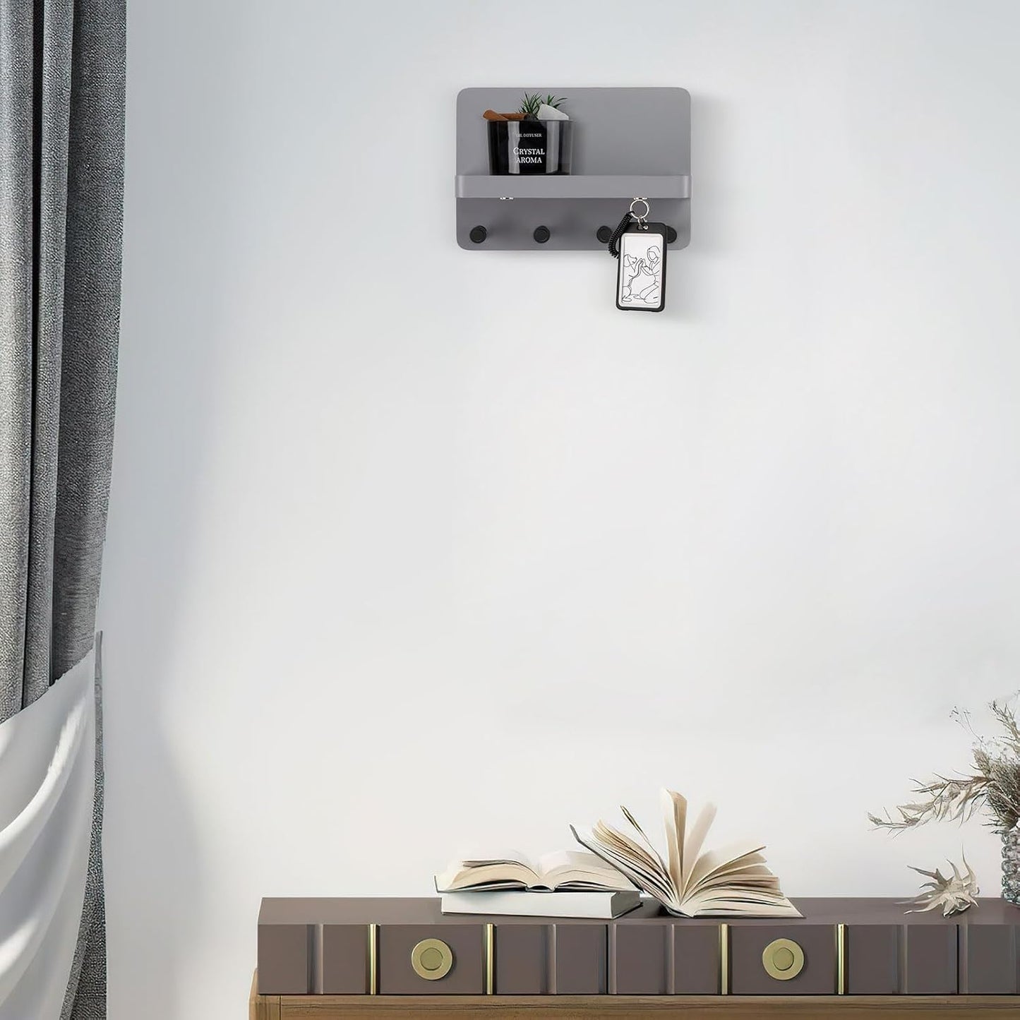 Nekon Key Holder for Wall with Shelf, Pine Wooden Key Hanger, Black | Small Wall Mounted Key Holder with 4 Hooks, Farmhouse Wall Organizer for Home Entryway & Apartment
