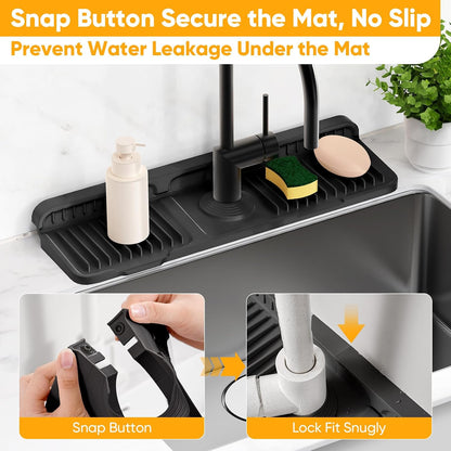 24'' Longer Faucet Mat for Kitchen Sink Splash Guard[7° Slope Fast Self-draining][Snap Lock Fit]Kitchen Sink Faucet Mat Splash Guard Kitchen Sink Area Water Splash Guard Behind Faucet Draining Mat