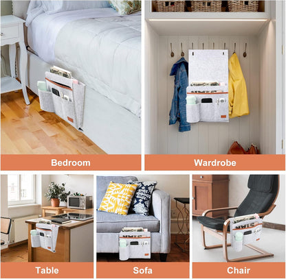 Surblue Bedside Caddy Felt Bedside Storage Organizer with Water Bottle Holder for TV Remote Control Phone Glasses Magazine 7 Pockets(Light Grey)